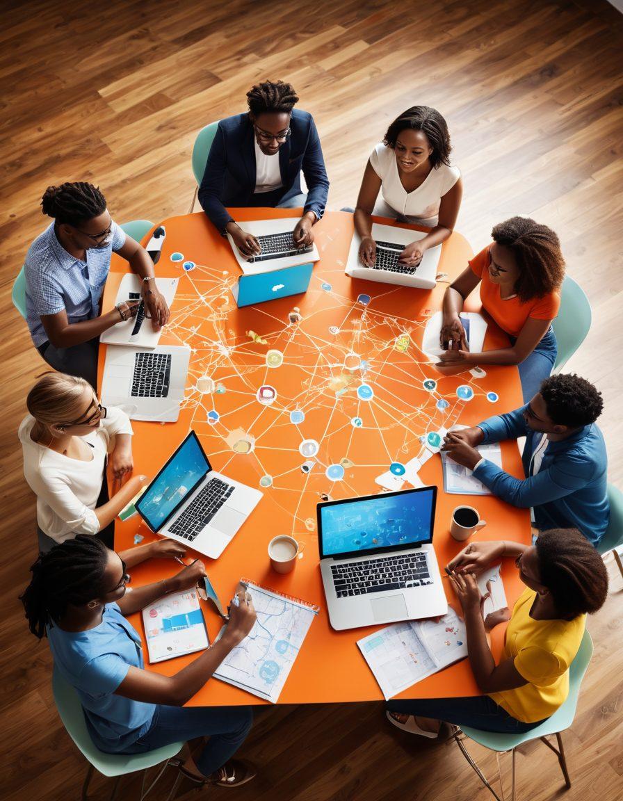 A diverse group of bloggers gathered around a large table, sharing ideas and collaborating, with laptops and notepads scattered throughout. In the background, a digital map showcasing connections between various blog communities glows brightly. The atmosphere is dynamic and inviting, emphasizing networking and creativity. Elements of social media icons float in the air, highlighting promotion techniques. vibrant colors. modern illustration.