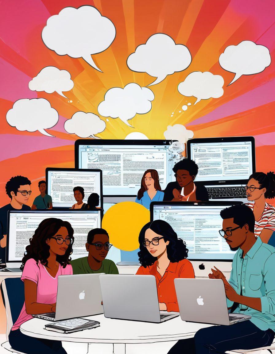 A captivating scene of a diverse group of bloggers immersed in digital storytelling on their laptops, surrounded by illustrated elements like speech bubbles, storyboards, and creative tools. The backdrop features a colorful sunrise symbolizing new ideas and inspiration. The atmosphere is lively and dynamic, filled with a blend of technological gadgets. super-realistic. vibrant colors. white background.