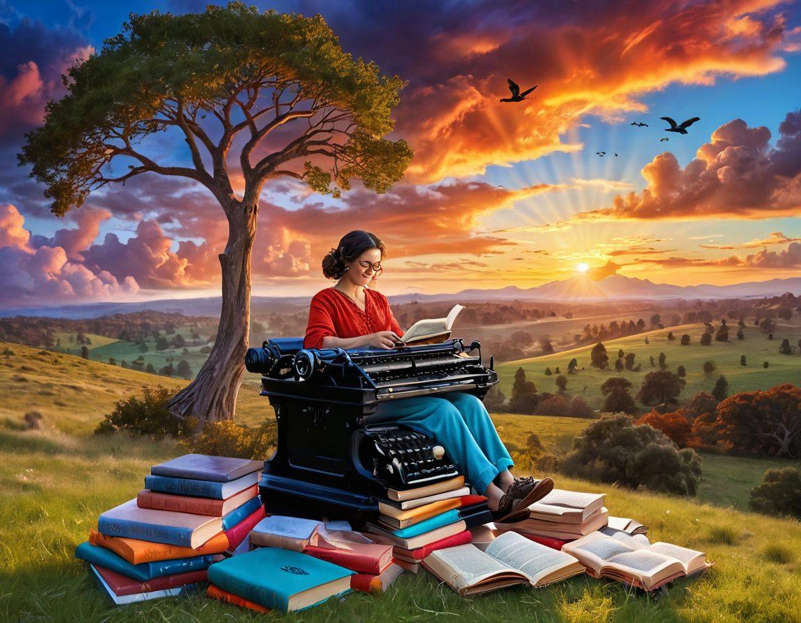 A whimsical scene depicting a joyful storyteller surrounded by vibrant books and floating words, with a quill in hand. The background features a dreamy landscape of colorful clouds and a glowing sunset, symbolizing creativity and inspiration. Include elements like a vintage typewriter and a magical tree. super-realistic. vibrant colors. fantasy. digital art.